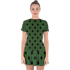 Large Black Polka Dots On Basil Green - Drop Hem Mini Chiffon Dress by FashionLane