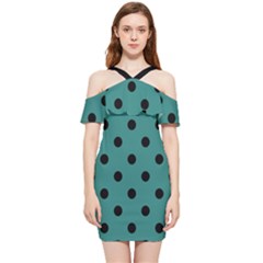Large Black Polka Dots On Celadon Green - Shoulder Frill Bodycon Summer Dress by FashionLane