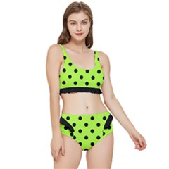 Large Black Polka Dots On Chartreuse Green - Frilly Bikini Set by FashionLane