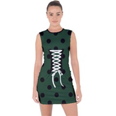 Large Black Polka Dots On Eden Green - Lace Up Front Bodycon Dress by FashionLane