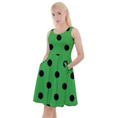 Large Black Polka Dots On Just Green - Knee Length Skater Dress With Pockets by FashionLane