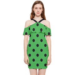 Large Black Polka Dots On Just Green - Shoulder Frill Bodycon Summer Dress by FashionLane
