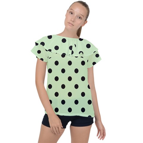 Large Black Polka Dots On Tea Green - Ruffle Collar Chiffon Blouse by FashionLane