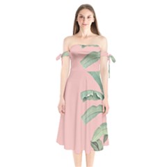 Palm Leaf On Pink Shoulder Tie Bardot Midi Dress by goljakoff