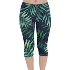 Green Leaves Velvet Capri Leggings  by goljakoff