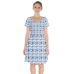 Azulejo Style Blue Tiles Short Sleeve Bardot Dress by MintanArt