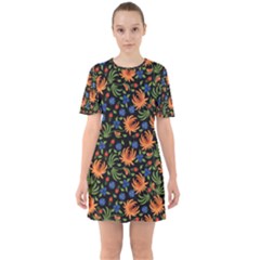 Orange Flowers Pattern Sixties Short Sleeve Mini Dress by designsbymallika