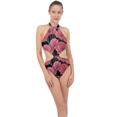 Red Flowers Halter Side Cut Swimsuit by goljakoff