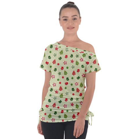 Cute Christmas Pattern Off Shoulder Tie-up Tee by designsbymallika