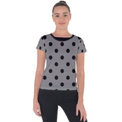 Large Black Polka Dots On Just Grey - Short Sleeve Sports Top  by FashionLane
