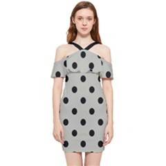 Large Black Polka Dots On Silver Cloud Grey - Shoulder Frill Bodycon Summer Dress by FashionLane