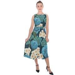 Blue Roses Midi Tie-back Chiffon Dress by goljakoff
