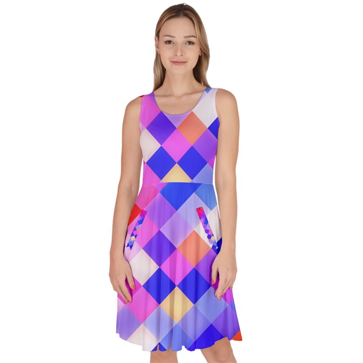 Squares Pattern Geometric Seamless Knee Length Skater Dress With Pockets