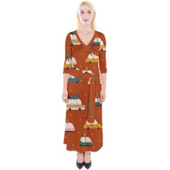 Cute Merry Christmas And Happy New Seamless Pattern With Cars Carrying Christmas Trees Quarter Sleeve Wrap Maxi Dress