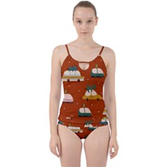 Cute Merry Christmas And Happy New Seamless Pattern With Cars Carrying Christmas Trees Cut Out Top Tankini Set