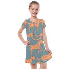 Vector Seamless Pattern With Cute Orange And  Cheetahs On The Blue Background  Tropical Animals Kids  Cross Web Dress by EvgeniiaBychkova