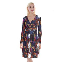 Butterfly Floral Pattern Long Sleeve Velvet Front Wrap Dress by ArtsyWishy