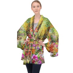 Forest Flowers  Long Sleeve Velvet Kimono  by ArtsyWishy