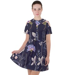 Butterflies And Flowers Painting Short Sleeve Shoulder Cut Out Dress  by ArtsyWishy