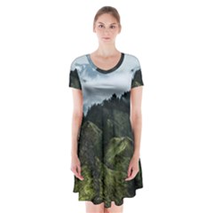 Mountain Landscape Short Sleeve V-neck Flare Dress by goljakoff