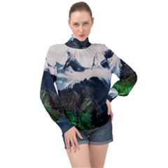 Blue Whales Dream High Neck Long Sleeve Chiffon Top by goljakoff