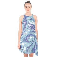Blue Vivid Marble Pattern Halter Collar Waist Tie Chiffon Dress by goljakoff