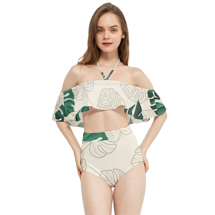 Green Monstera Leaf Illustrations Halter Flowy Bikini Set 