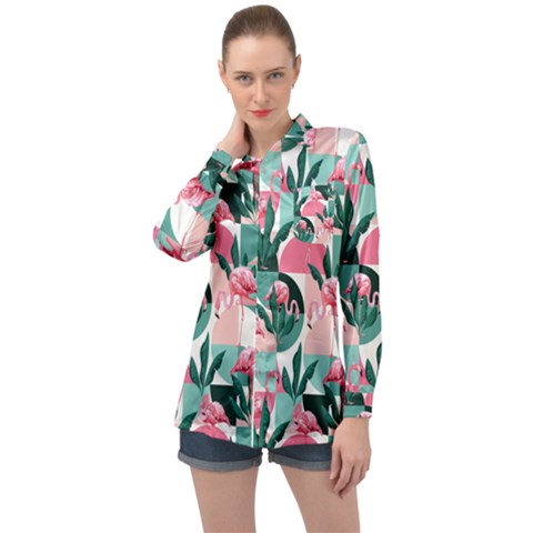 Beautiful Flamingo Pattern Long Sleeve Satin Shirt by designsbymallika