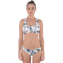 Blue Metallic Leaves Pattern Cross Back Hipster Bikini Set by designsbymallika
