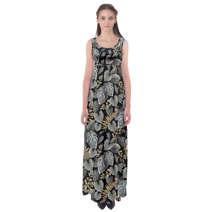 Metallic Leaves Pattern Empire Waist Maxi Dress