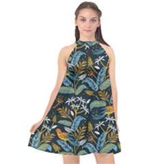 Tropical Bird Pattern Halter Neckline Chiffon Dress  by designsbymallika