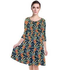 Orange Flower Love Quarter Sleeve Waist Band Dress by designsbymallika