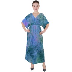 Lilac And Green Abstract V-neck Boho Style Maxi Dress by Dazzleway