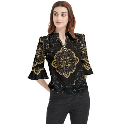 Ornate Black And Gold Loose Horn Sleeve Chiffon Blouse by Dazzleway