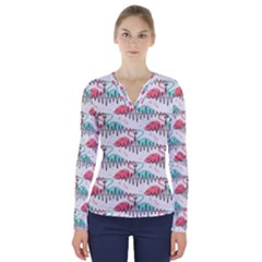 Music Flamingo V-neck Long Sleeve Top by Sparkle