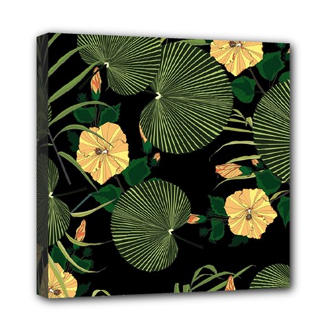 Tropical Vintage Yellow Hibiscus Floral Green Leaves Seamless Pattern Black Background  Mini Canvas 8  X 8  (stretched) by Sobalvarro