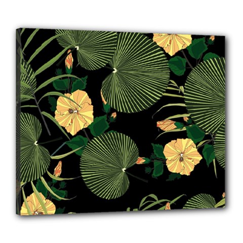 Tropical Vintage Yellow Hibiscus Floral Green Leaves Seamless Pattern Black Background  Canvas 24  X 20  (stretched) by Sobalvarro