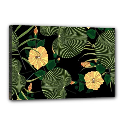 Tropical Vintage Yellow Hibiscus Floral Green Leaves Seamless Pattern Black Background  Canvas 18  X 12  (stretched) by Sobalvarro