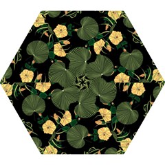 Tropical Vintage Yellow Hibiscus Floral Green Leaves Seamless Pattern Black Background  Mini Folding Umbrellas by Sobalvarro
