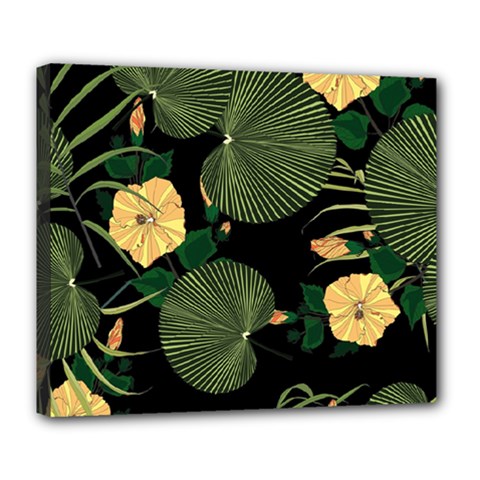 Tropical Vintage Yellow Hibiscus Floral Green Leaves Seamless Pattern Black Background  Deluxe Canvas 24  X 20  (stretched) by Sobalvarro