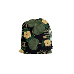 Tropical Vintage Yellow Hibiscus Floral Green Leaves Seamless Pattern Black Background  Drawstring Pouch (small) by Sobalvarro
