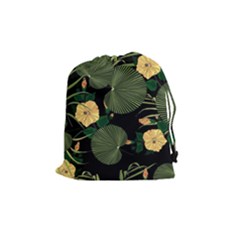 Tropical Vintage Yellow Hibiscus Floral Green Leaves Seamless Pattern Black Background  Drawstring Pouch (medium) by Sobalvarro
