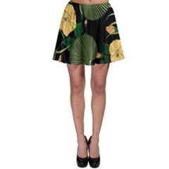 Tropical Vintage Yellow Hibiscus Floral Green Leaves Seamless Pattern Black Background  Skater Skirt by Sobalvarro