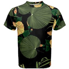 Tropical Vintage Yellow Hibiscus Floral Green Leaves Seamless Pattern Black Background  Men s Cotton Tee by Sobalvarro