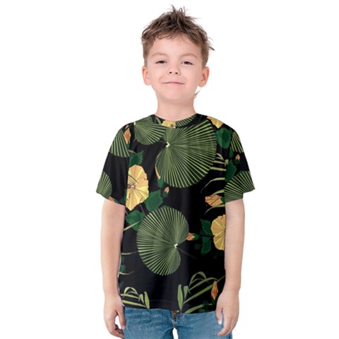 Tropical Vintage Yellow Hibiscus Floral Green Leaves Seamless Pattern Black Background  Kids  Cotton Tee by Sobalvarro