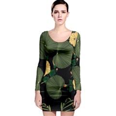 Tropical Vintage Yellow Hibiscus Floral Green Leaves Seamless Pattern Black Background  Long Sleeve Bodycon Dress by Sobalvarro