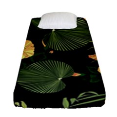 Tropical Vintage Yellow Hibiscus Floral Green Leaves Seamless Pattern Black Background  Fitted Sheet (single Size) by Sobalvarro