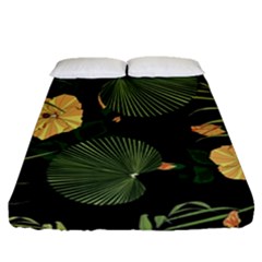 Tropical Vintage Yellow Hibiscus Floral Green Leaves Seamless Pattern Black Background  Fitted Sheet (queen Size) by Sobalvarro