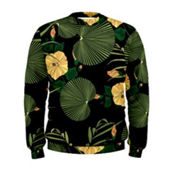 Tropical Vintage Yellow Hibiscus Floral Green Leaves Seamless Pattern Black Background  Men s Sweatshirt by Sobalvarro