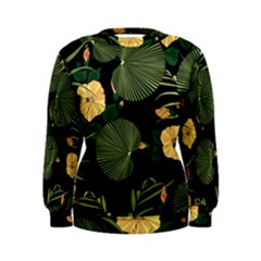 Tropical Vintage Yellow Hibiscus Floral Green Leaves Seamless Pattern Black Background  Women s Sweatshirt by Sobalvarro